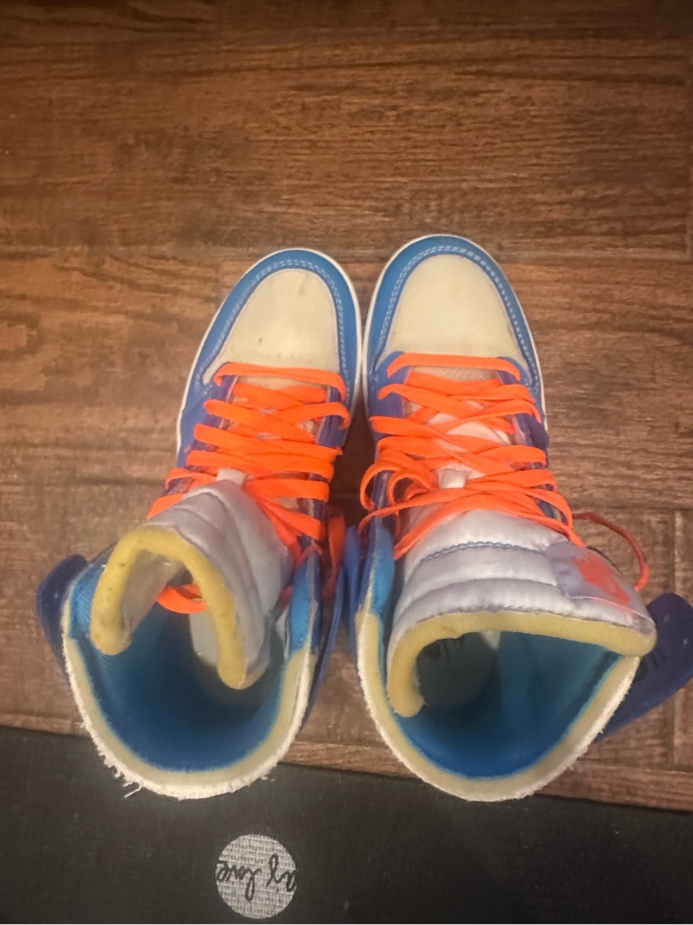 Nike Off-WhiteHigh-Top Sneakers in Blue/White with Orange Laces - Picture 2 of 5